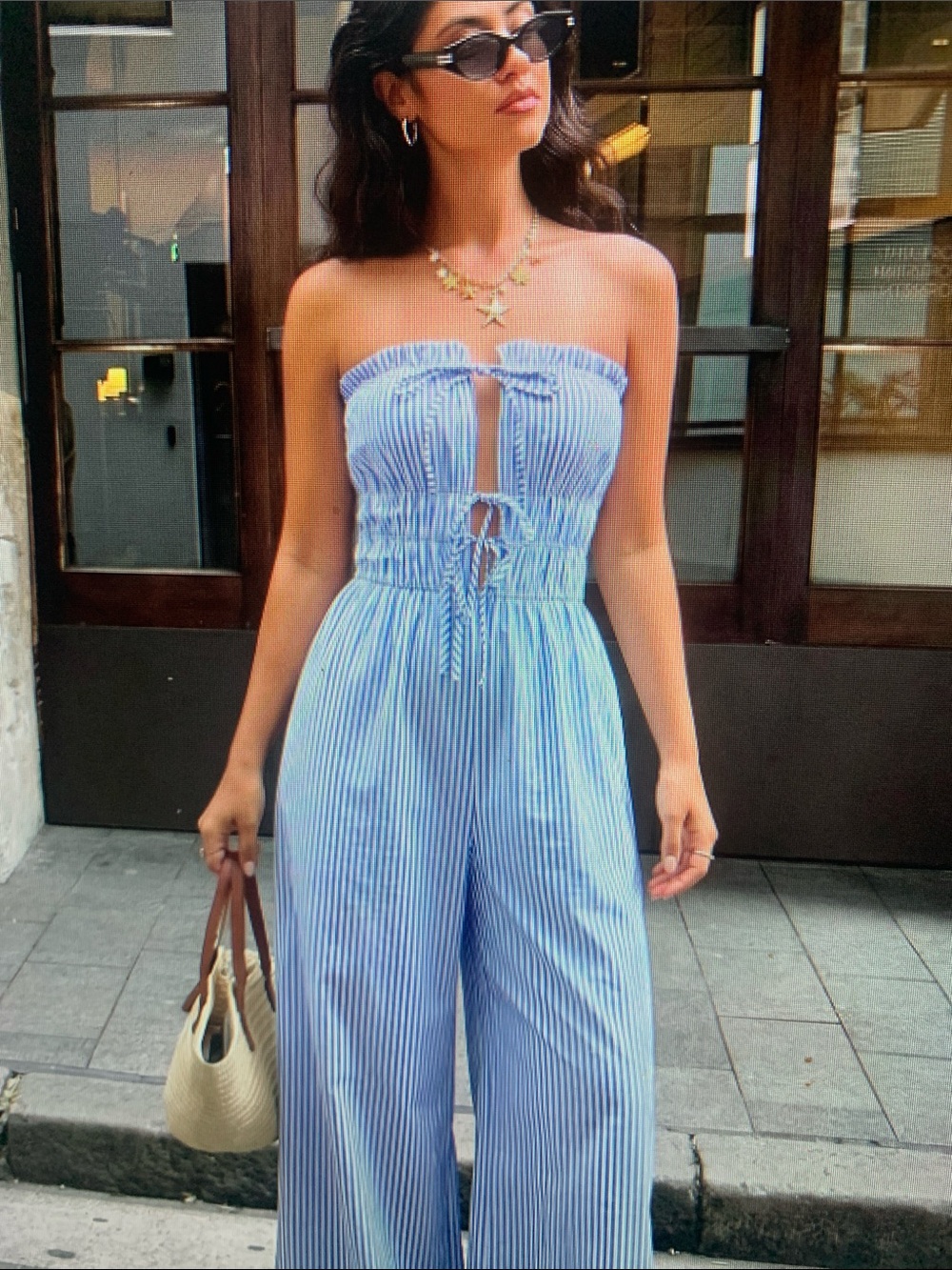 Strapless Smocked Wide-Leg Jumpsuit in Light Blue Stripe - Picture 1 of 5